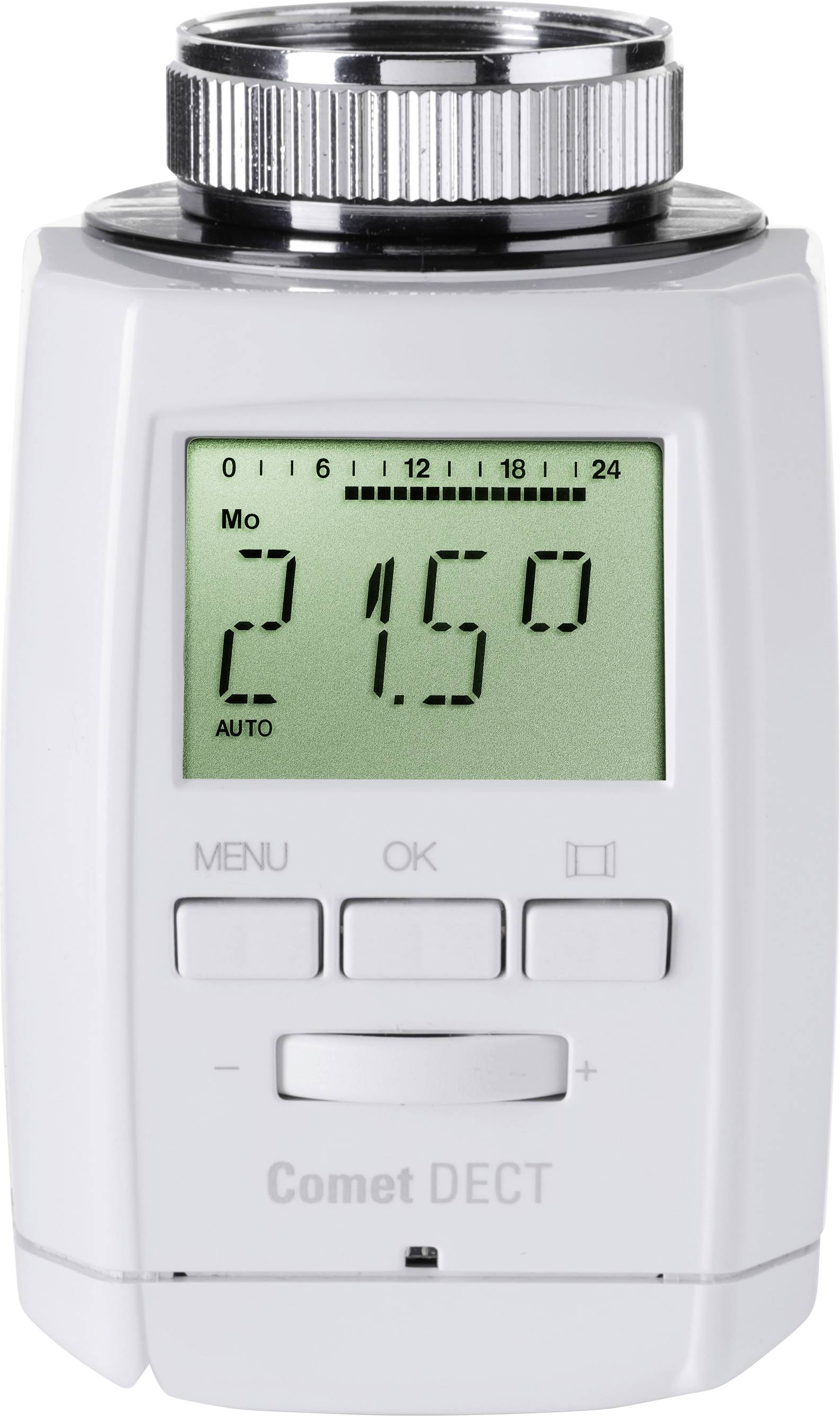 Ein digitales Heizkörperthermostat mit einem Display, das eine Temperatur von 21,5 Grad Celsius anzeigt.
