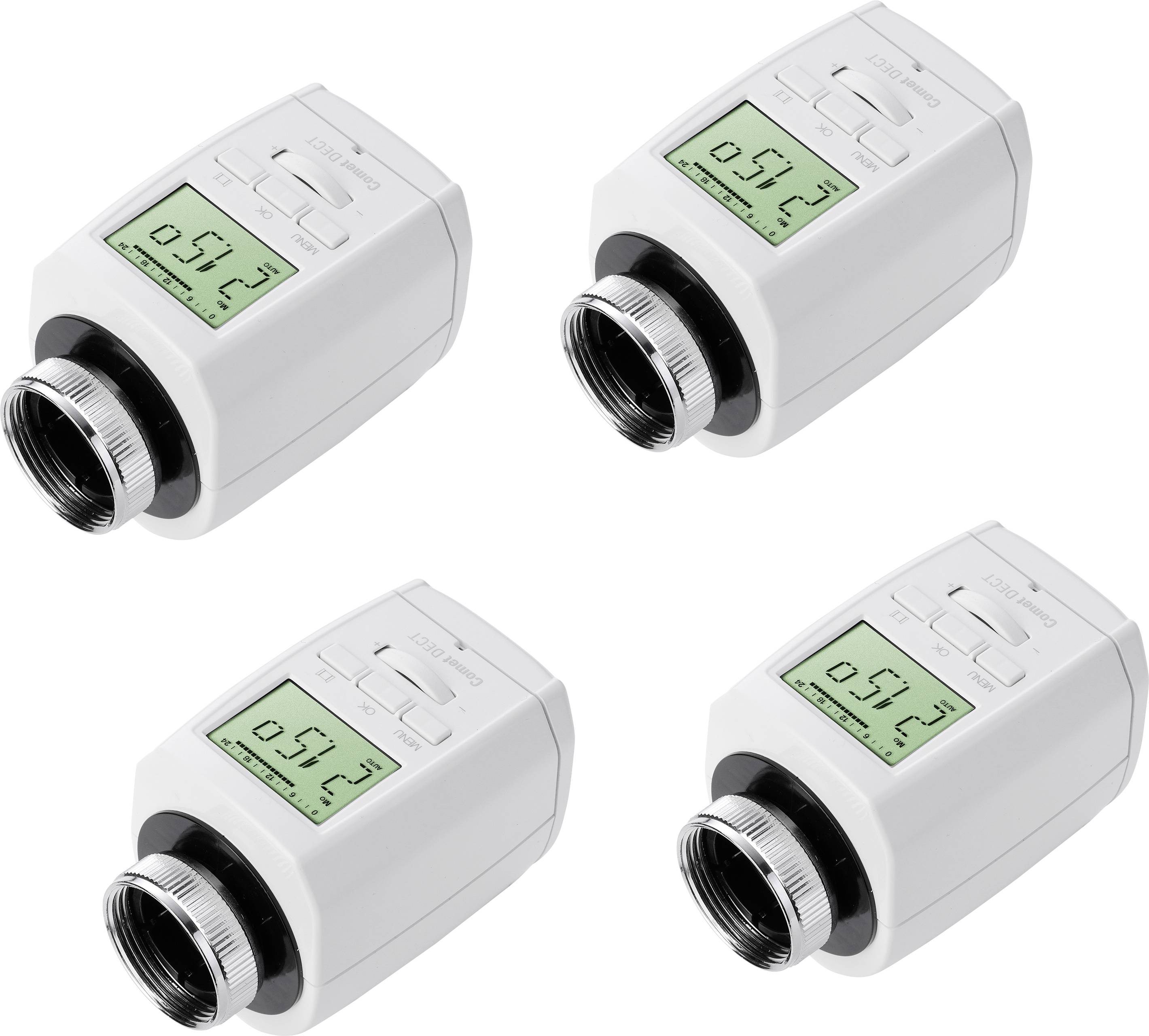 Vier digitale Thermostatköpfe mit LCD-Bildschirm, die Temperatur '21,5°C' anzeigen. Sie sind weiß und haben Bedientasten.