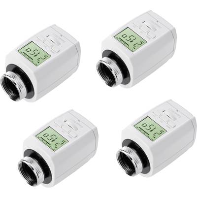 Vier digitale Thermostatköpfe mit LCD-Bildschirm, die Temperatur '21,5°C' anzeigen. Sie sind weiß und haben Bedientasten.