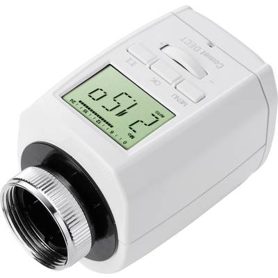 Elektronisches Thermostatventil mit digitalem Display zeigt '21,5° C'. Es hat Bedienelemente und ist zur Heizungsregulierung.