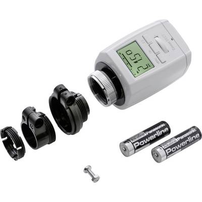 Ein digitales Heizkörperthermostat mit abgenommenem Anschluss und zwei AA-Batterien daneben.