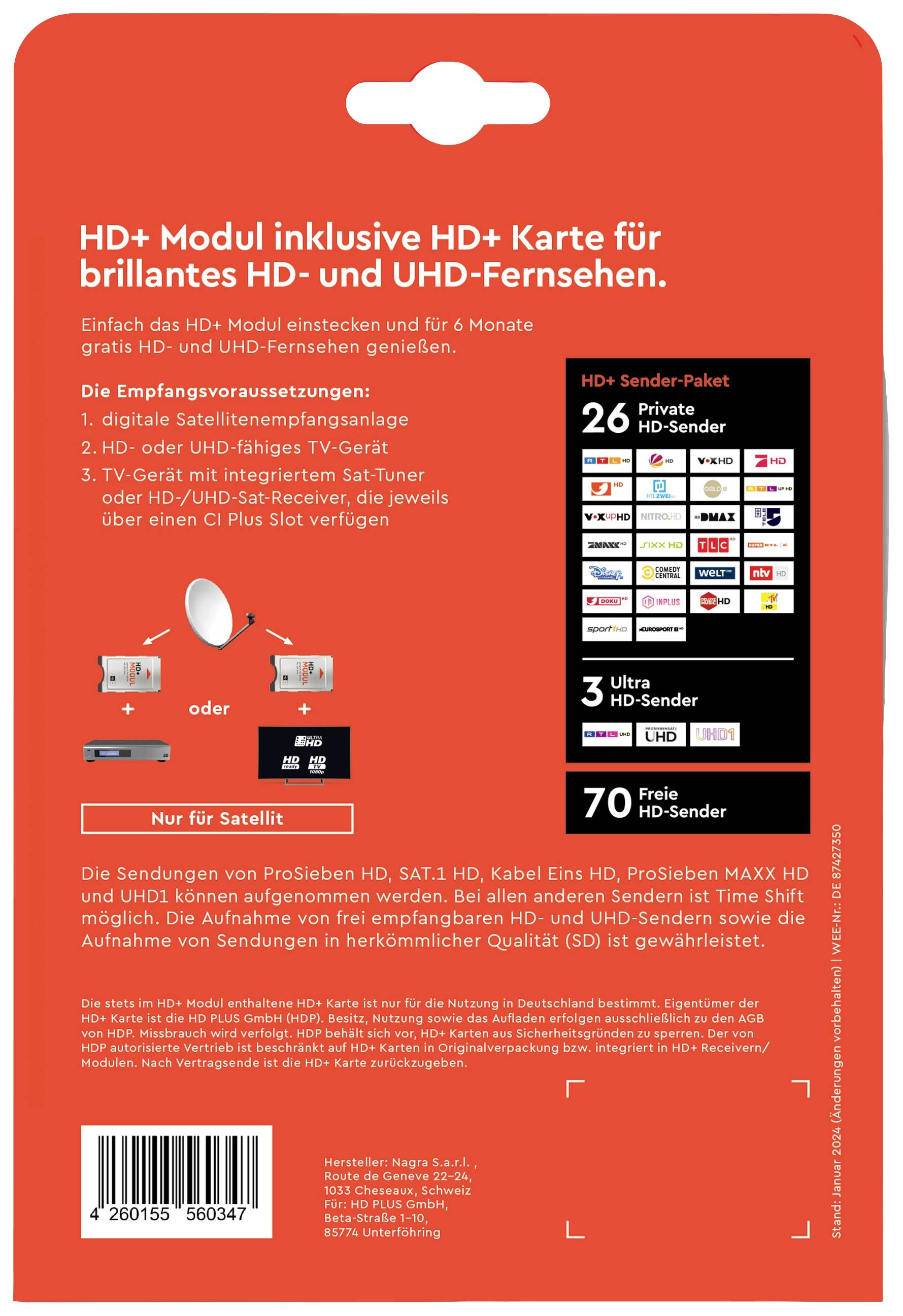 Rückseite einer Produktverpackung für ein HD+ Modul. Enthält Infos zu HD-Sendern und Anforderungen für Empfang von HD- und UHD-Fernsehen.