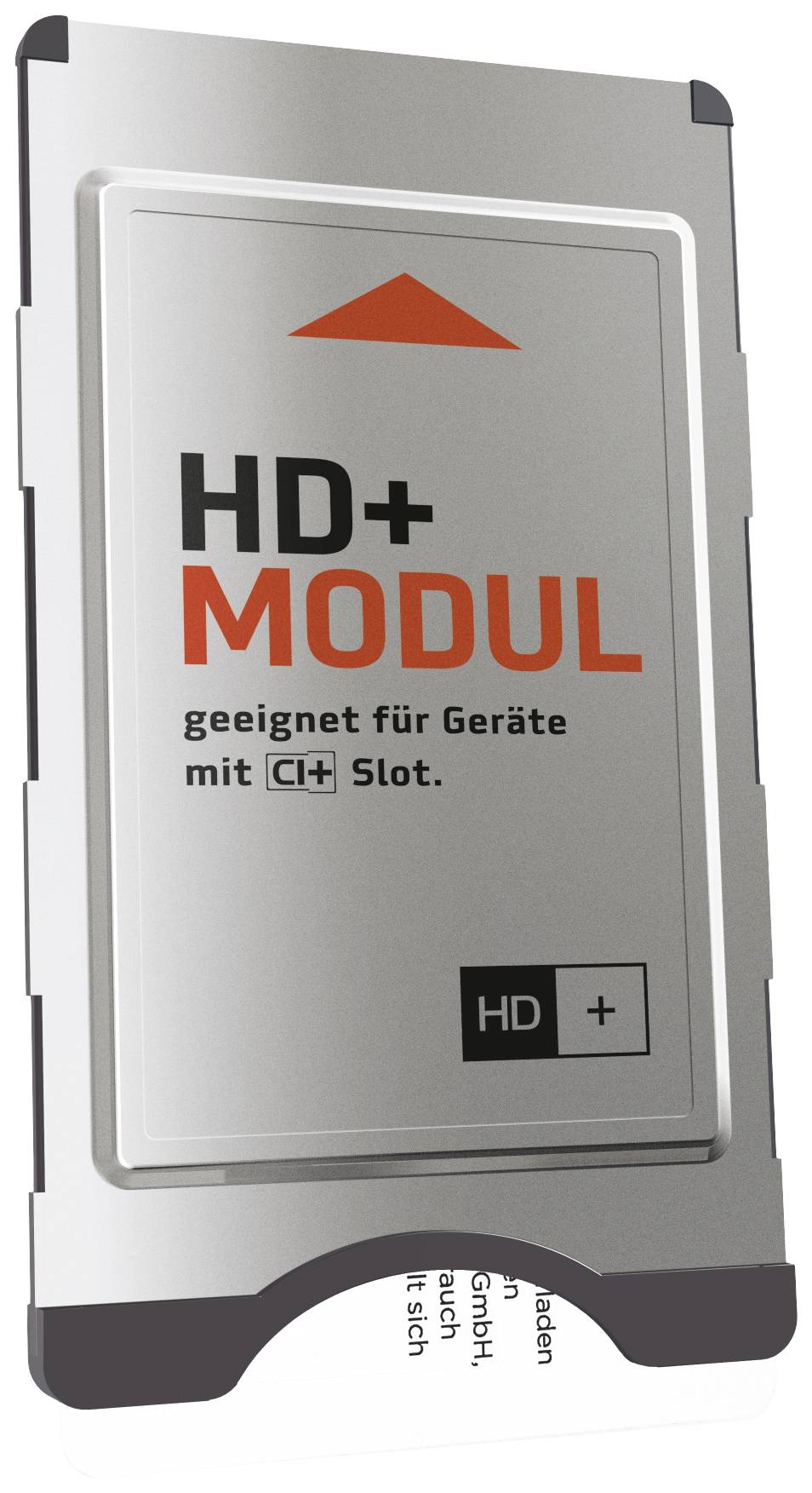 'HD+ Modul, geeignet für Geräte mit CI+ Slot.' Ein silberner Adapter zur Nutzung von HD+ auf kompatiblen Geräten.