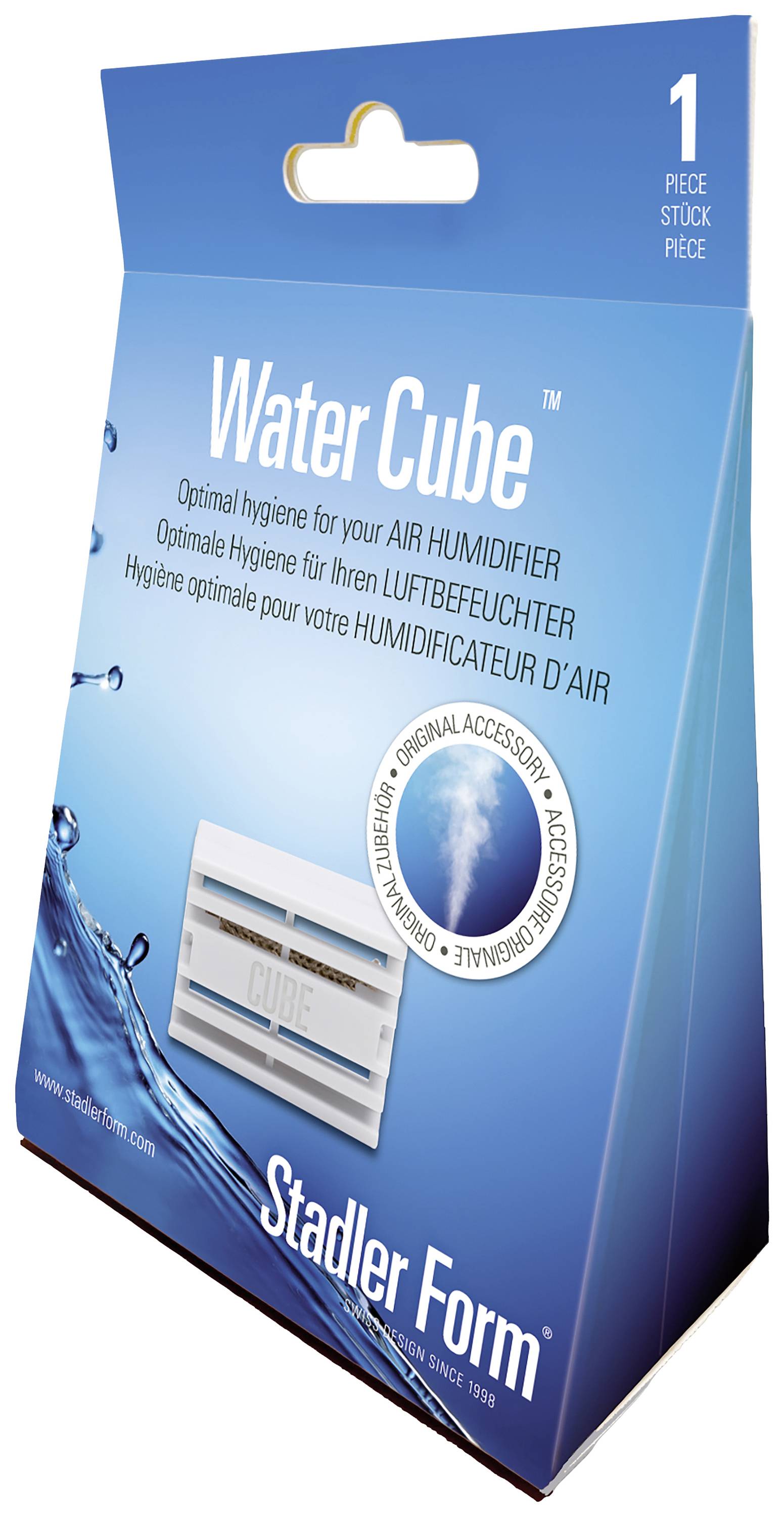 Verpackung eines 'Water Cube' für Luftbefeuchter von Stadler Form. Produkt bietet optimale Hygiene für Luftbefeuchter.