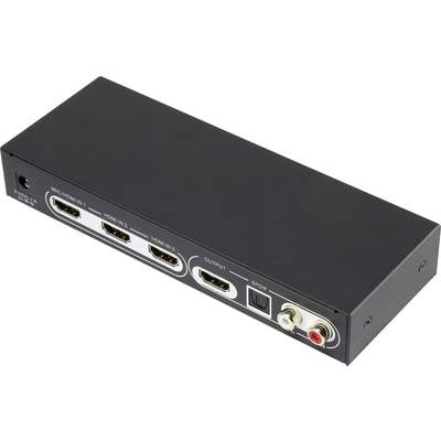 Eine schwarze HDMI-Schaltbox mit drei HDMI-Eingängen, einem HDMI-Ausgang, optischem Audioausgang und Komponenten-Audioports.