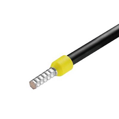 Ein schwarzes Kabel mit gelbem Isolierstück und kupfernem Drahtende, vor weißem Hintergrund.