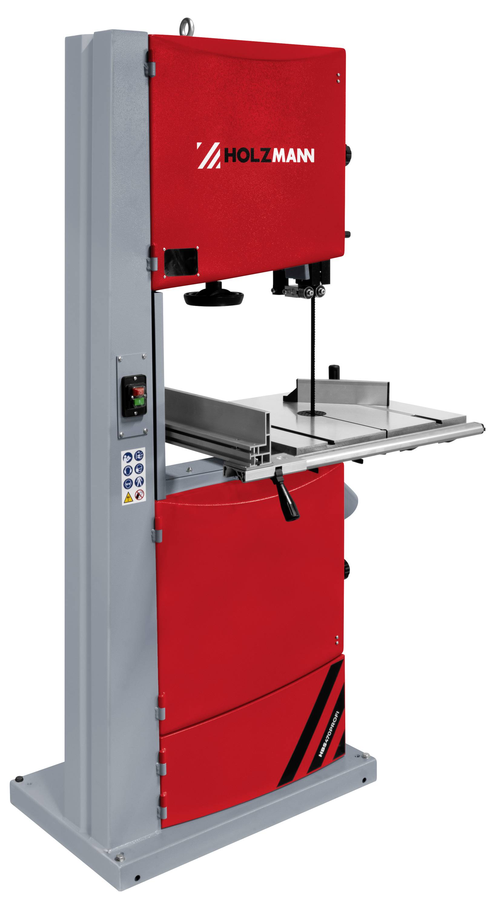 Rote HOLZMAN-Bandsägenmaschine mit grauem Rahmen, vertikales Sägeblatt und Metallarbeitstisch auf weißem Hintergrund.