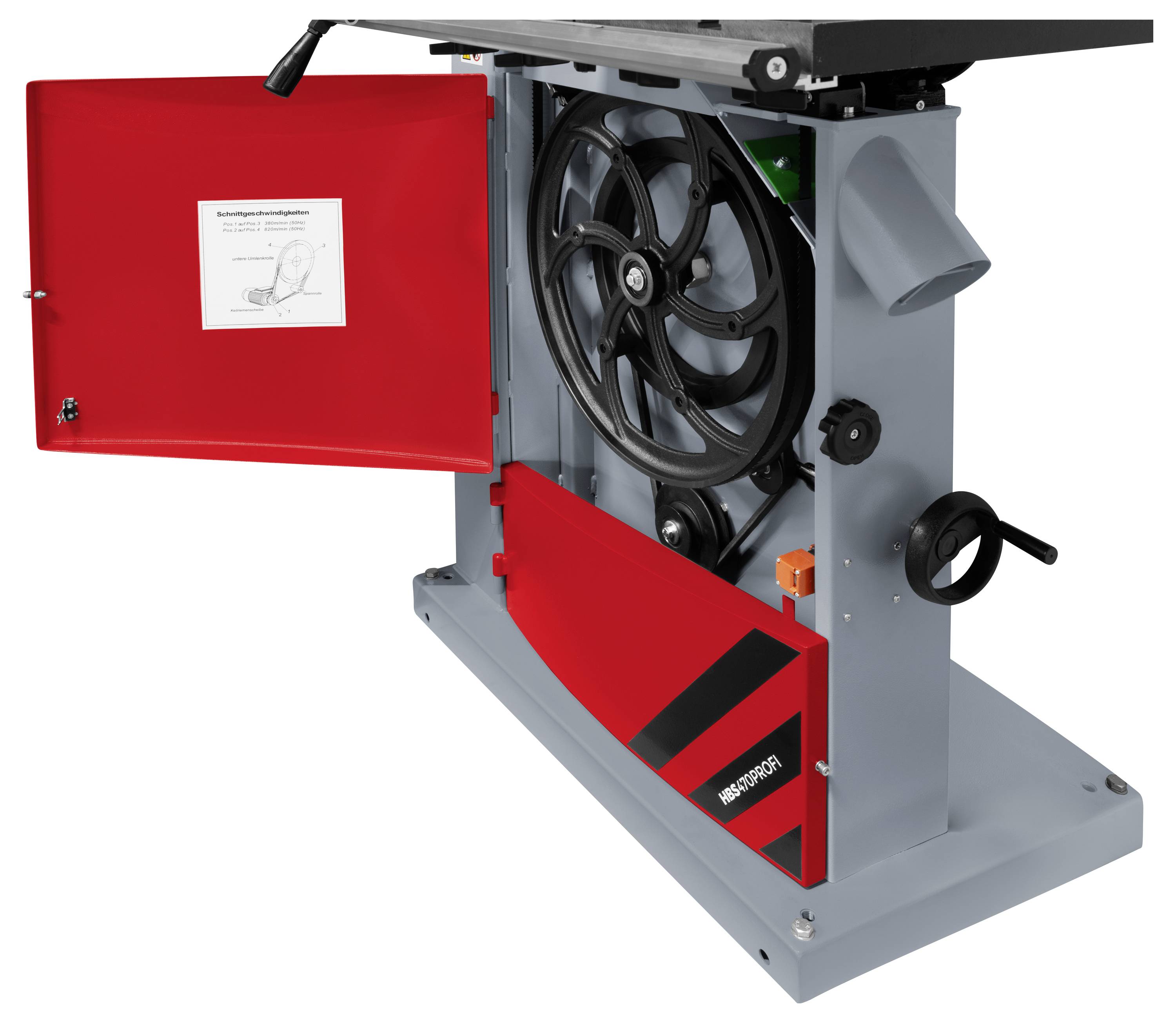 Tragbare Industriemaschine mit einem großen Rad, das im Gehäuse sichtbar ist, offenen roten Zugangsblenden und einer Handkurbel auf der Basis.