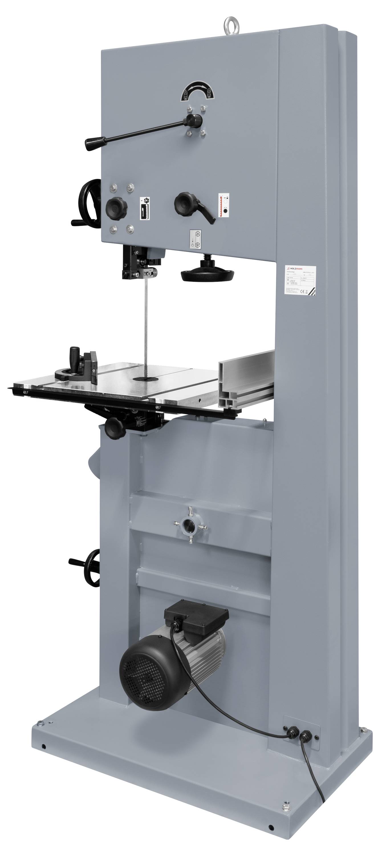 Vertikale Metallbandwerkzeugmaschine mit hohem Rahmen, Sägeblatt-Tisch und Motorbasis zum Schneiden von Materialien.