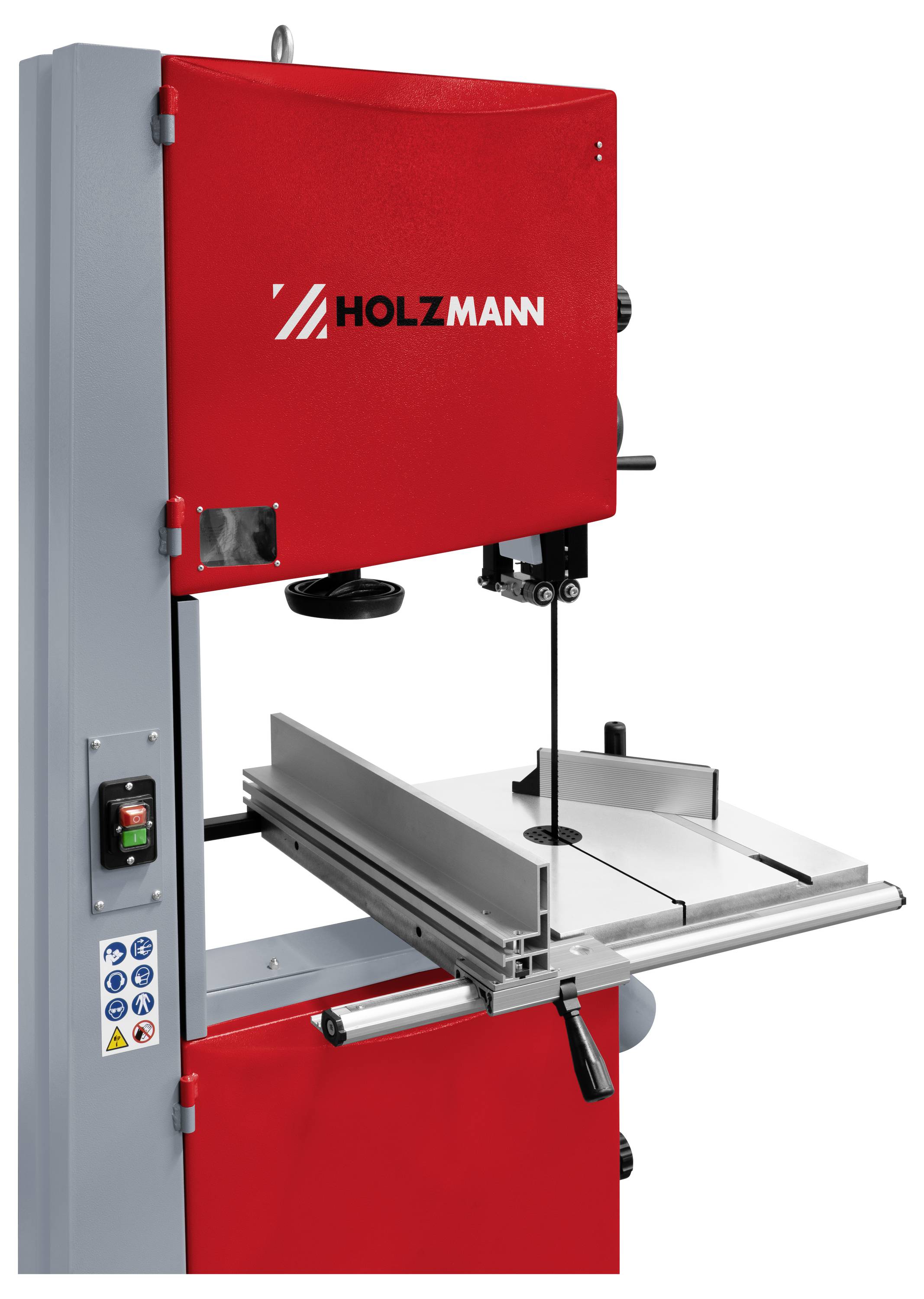 HOLZMANN Vertikal-Bandsäge mit rotem Gehäuse, grauem Rahmen und verstellbarem Werktisch zum Schneiden von Materialien.