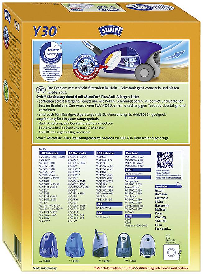 'Swirl Staubsaugerbeutel Y30' Boxrückseite mit Produktinformationen, Bio-Filterdetails, TÜV-Zertifizierung, und kompatiblen Staubsaugermodellen.