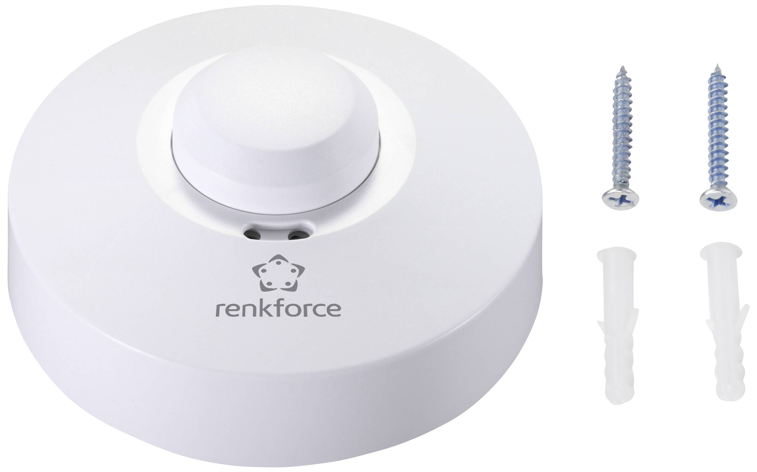 Runder weißer Wassersensor mit Markenlogo 'renkforce' in der Mitte, inklusive zwei Schrauben und Dübeln zur Wandmontage.
