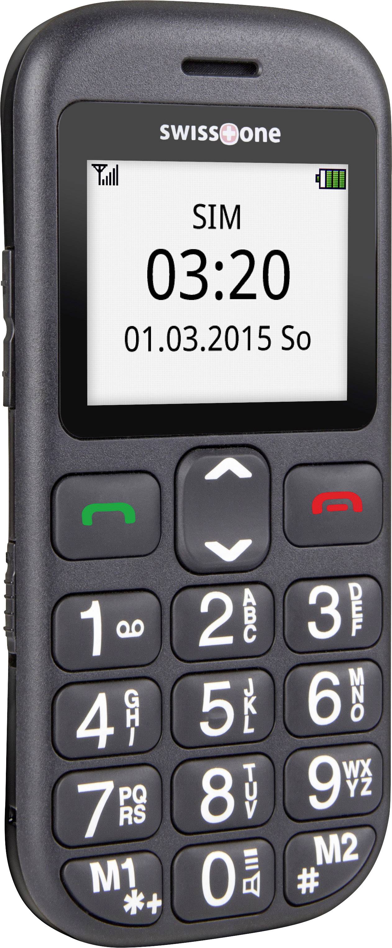 Ein Mobiltelefon mit großen Tasten, zeigt auf dem Display 'SIM', die Uhrzeit 03:20 und das Datum 01.03.2015 So. Gehäuse in Schwarz.