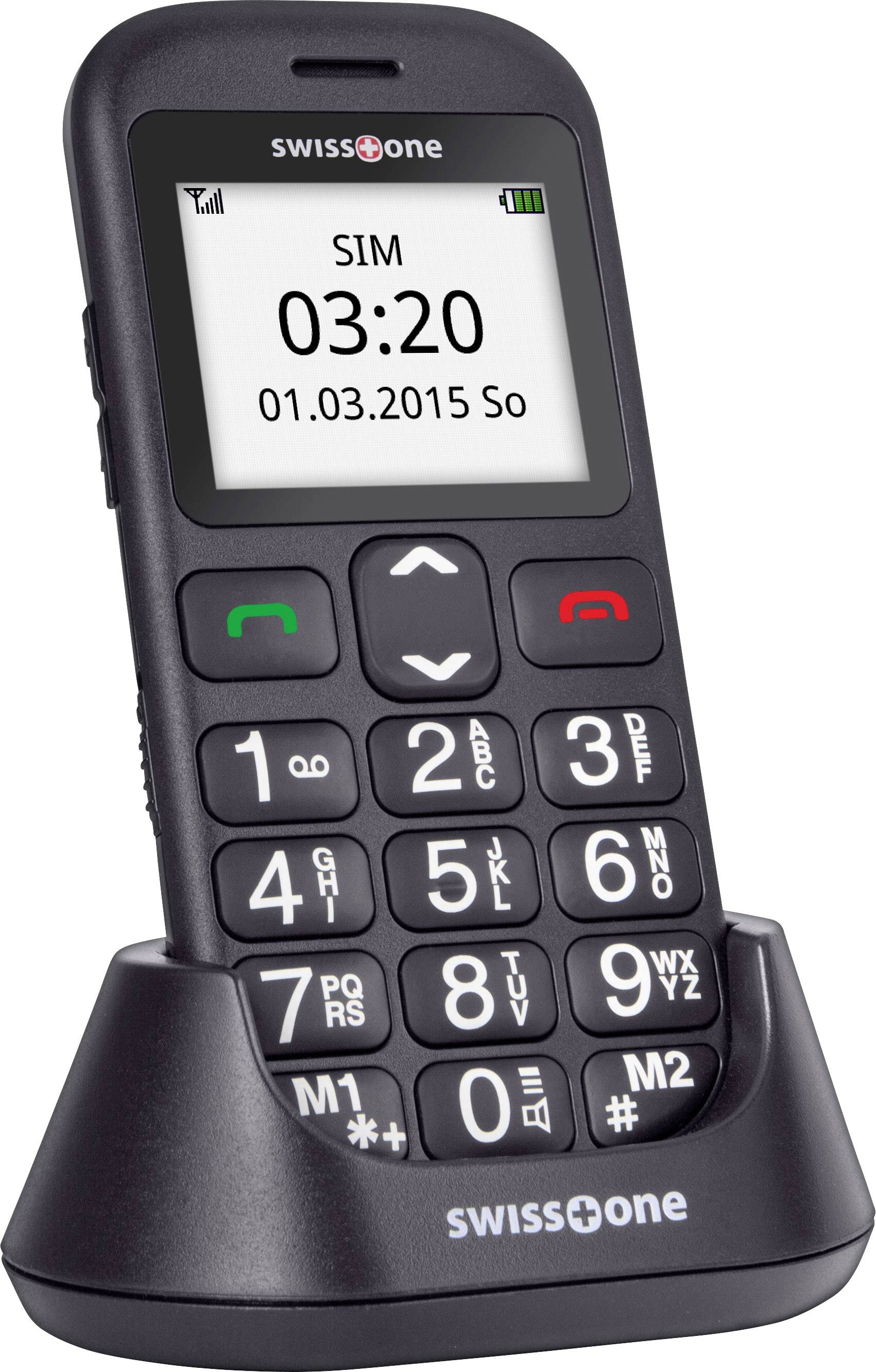 'Ein einfaches Mobiltelefon mit großen Tasten und Bildschirm, in einer Ladeschale stehend, Anzeige der Uhrzeit und des Datums.'
