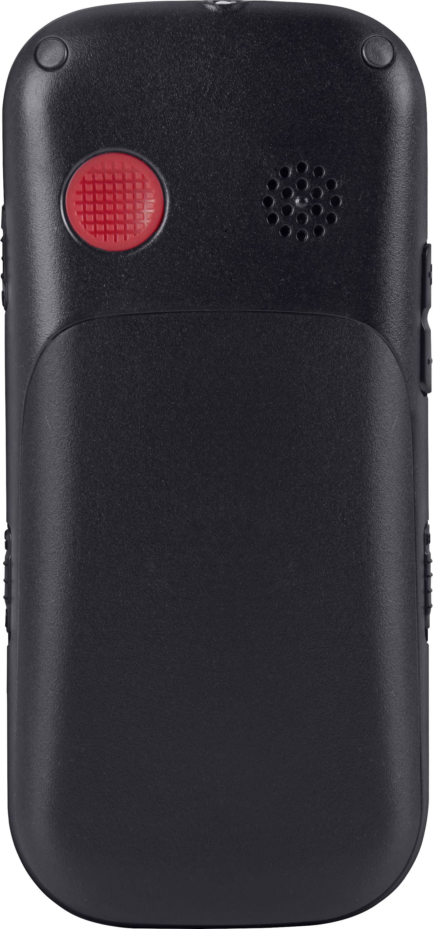 Ein schwarzes Telefon mit einem roten Knopf und Lautsprecher auf der Rückseite, rechteckige Form, für mobile Kommunikation geeignet.