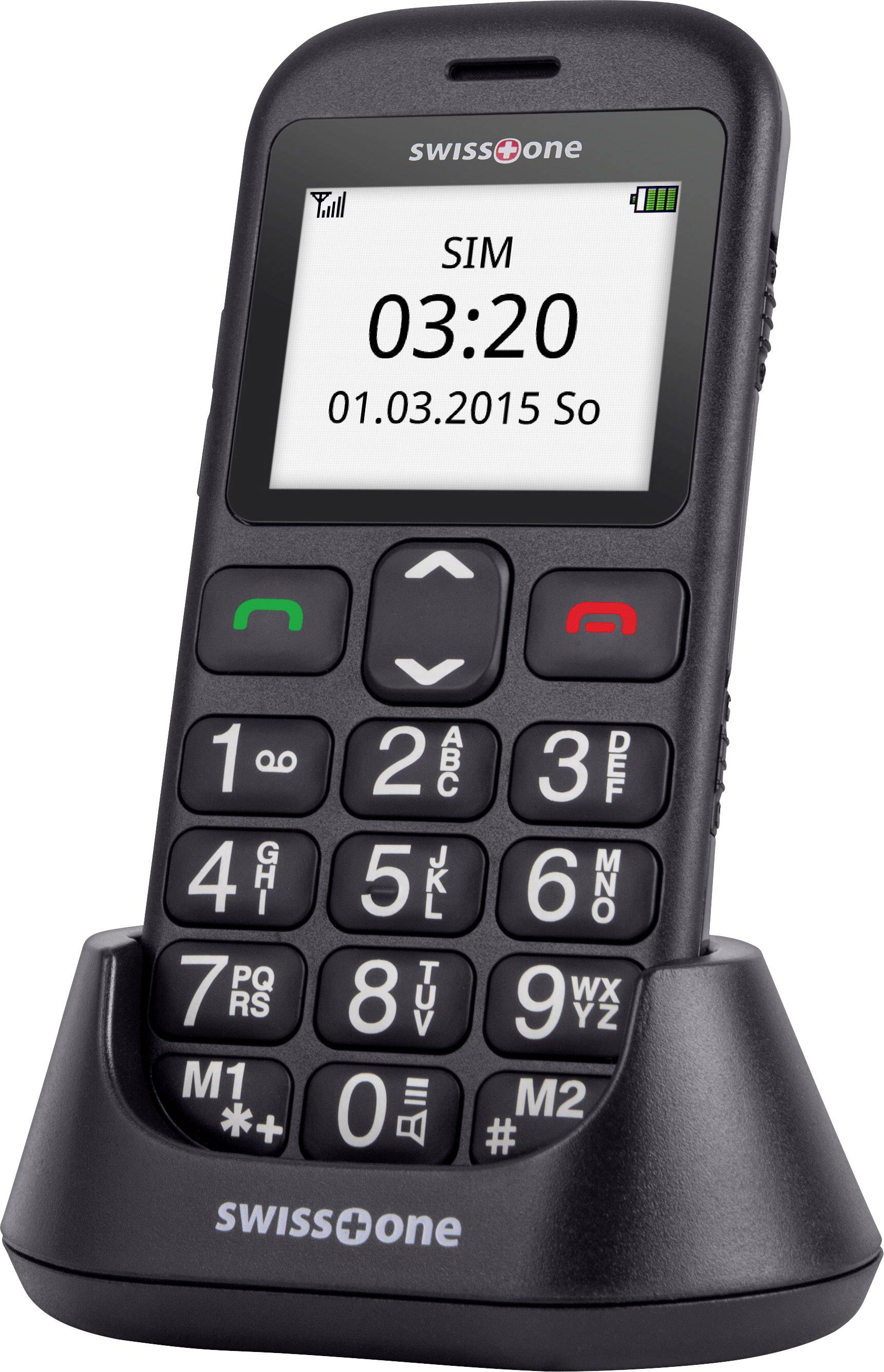 Mobiltelefon mit großen Tasten und einfacher Anzeige. Zeigt Datum '01.03.2015 So' und Uhrzeit '03:20'. Designed für einfache Bedienung.