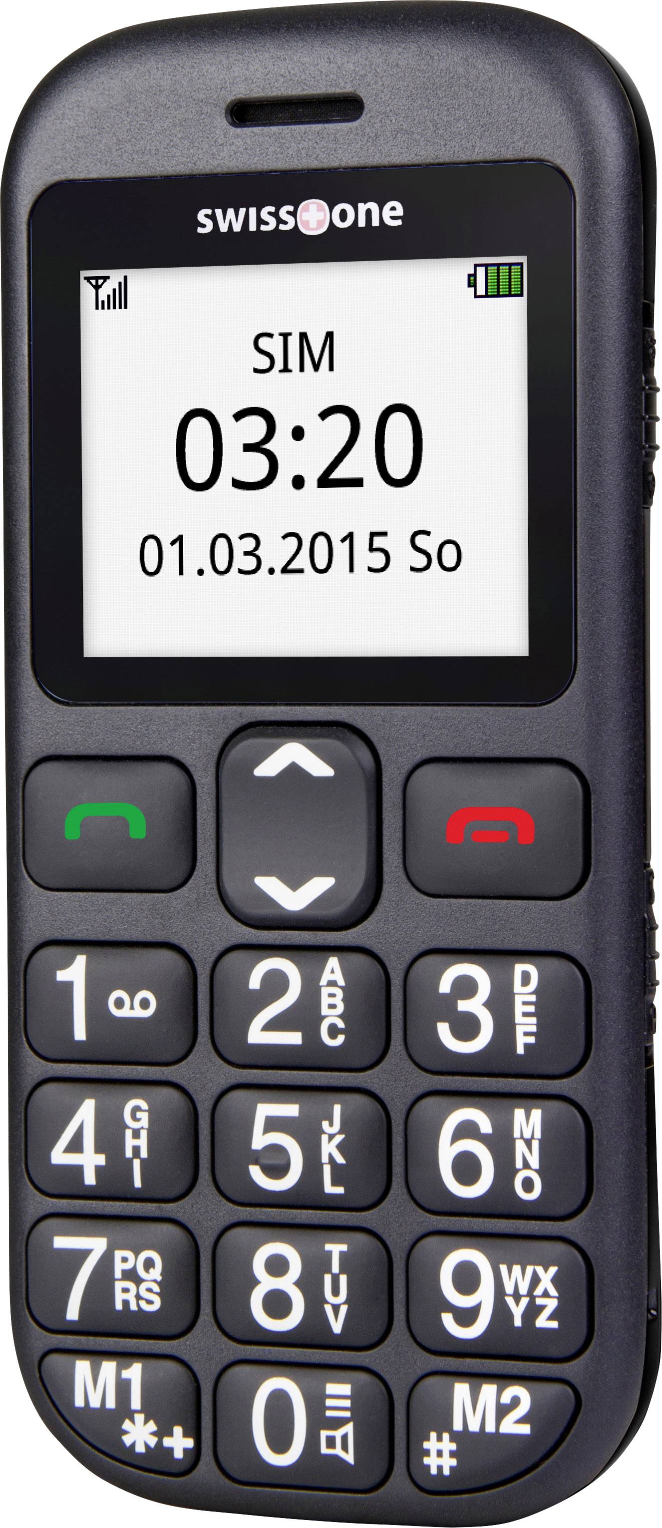 Ein Mobiltelefon mit großem Tastenfeld, Bildschirm zeigt 'SIM', Uhrzeit '03:20' und Datum '01.03.2015 So'.