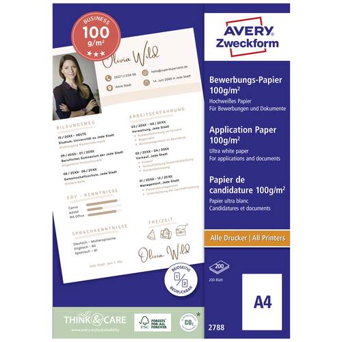 Avery-Zweckform Papier 2788 Bewerbungspapier DIN A4 100 g/m² 200 Blatt Weiß