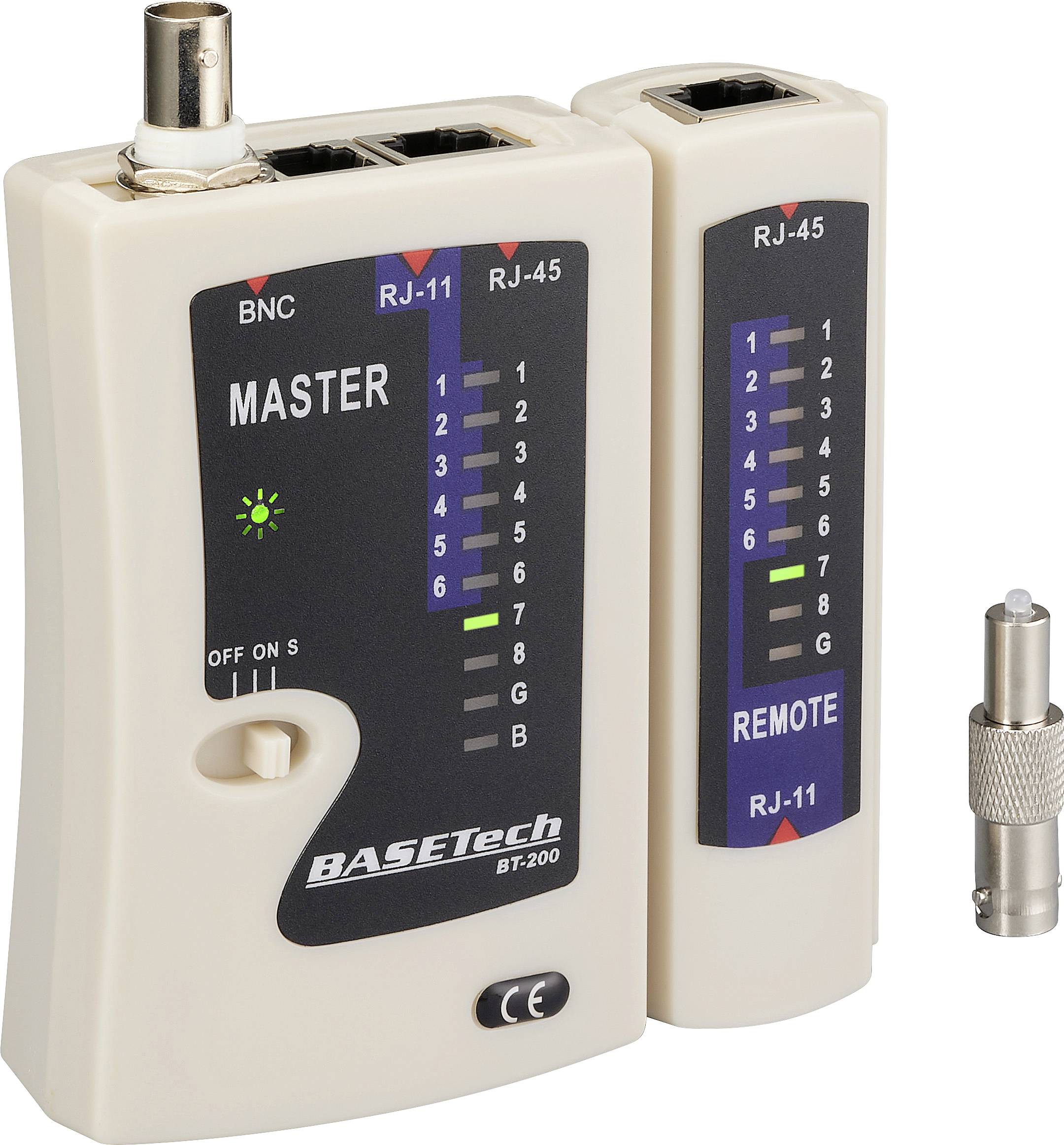 Ein beigefarbenes Netzwerkkabel-Testgerät mit den gekennzeichneten Abschnitten "Master" und "Remote" und Anschlüssen für BNC-, RJ-11- und RJ-45-Verbindungen.