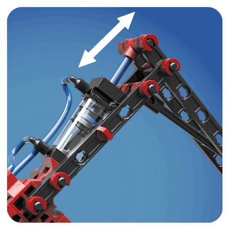 Ein Roboterarm hebt sich diagonal gegen einen blauen Hintergrund. Zu sehen sind Gelenke und ein zylindrischer Kolben.