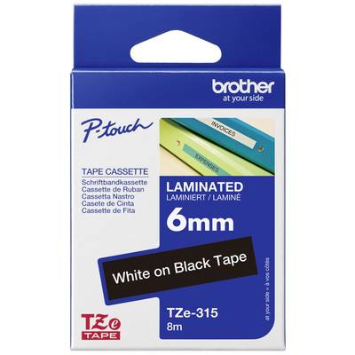 Verpackung einer Brother P-touch TZe-315 Kassettenband. Text 'White on Black Tape, Laminated, 6mm'. Eignet sich zur Beschriftung.