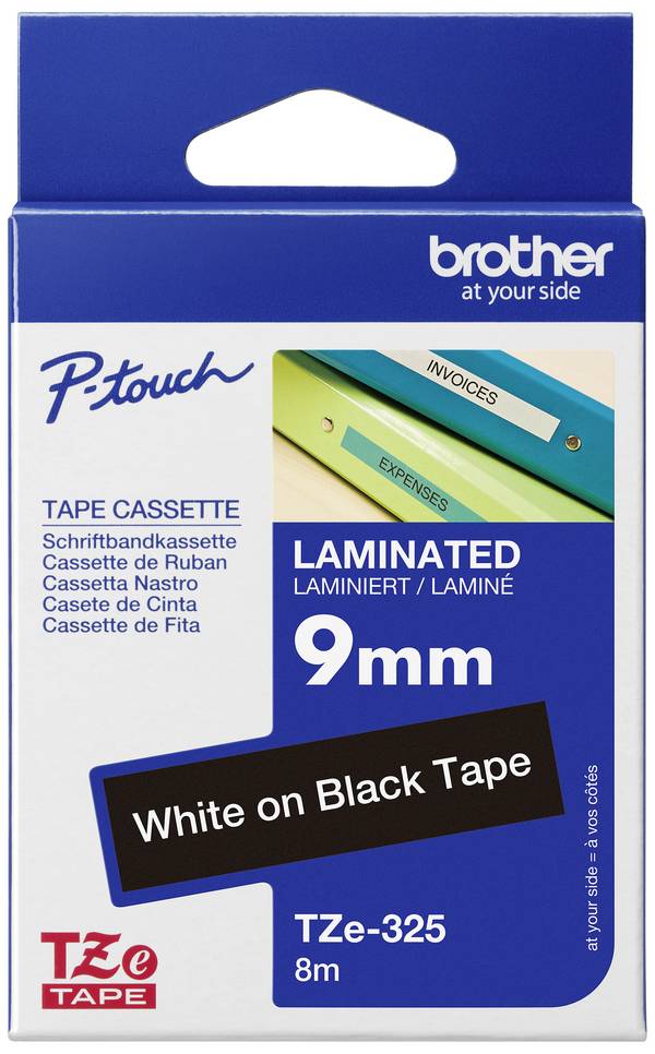 Etiketten Brother TZe TZe-325 PET Bandfarbe: Schwarz Schriftfarbe:Weiß 9 mm 8 m