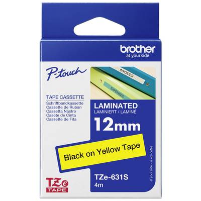 'Brother P-Touch' Schriftbandkassette, laminiert, 12 mm, schwarze Schrift auf gelbem Band, 4 m Länge.