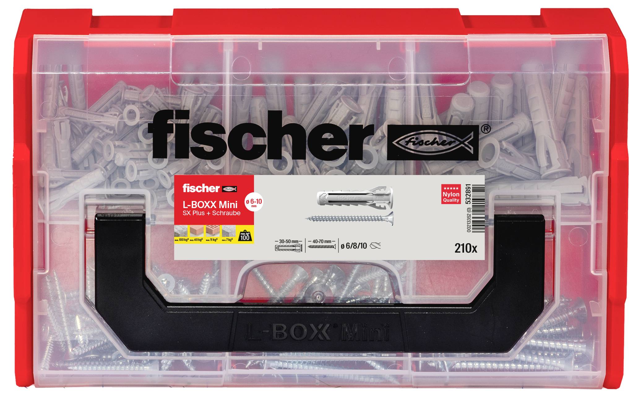 Eine rote Fischer L-BOXX Mini mit 210 Dübeln und Schrauben, sichtbar durch den transparenten Deckel. Ideal zur Befestigung.