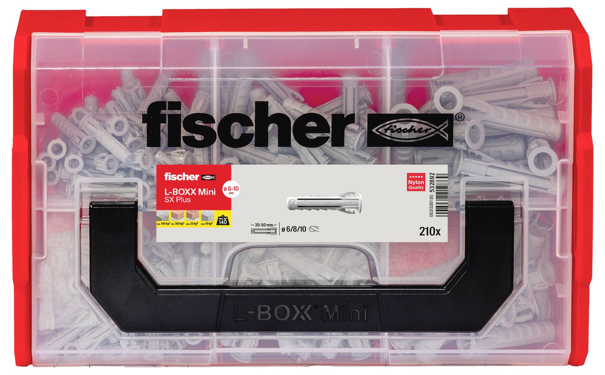 Ein transparenter roter Plastik-Koffer mit grauen Dübeln einer Marke. Auf der Vorderseite steht 'fischer L-BOXX Mini 5K Plus 210x'.