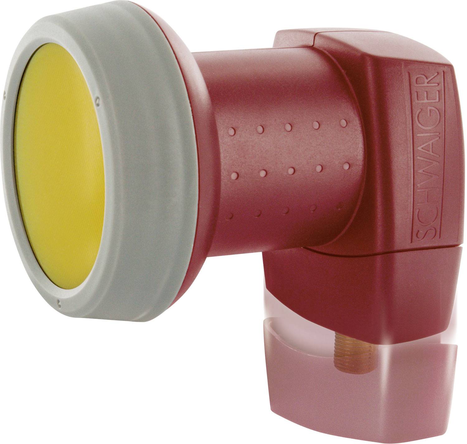 Ein rotes LNB (Low-Noise Block) mit gelber Frontplatte, verwendet zur Satellitenempfangsverbesserung, Marke 'Schwaiger'.