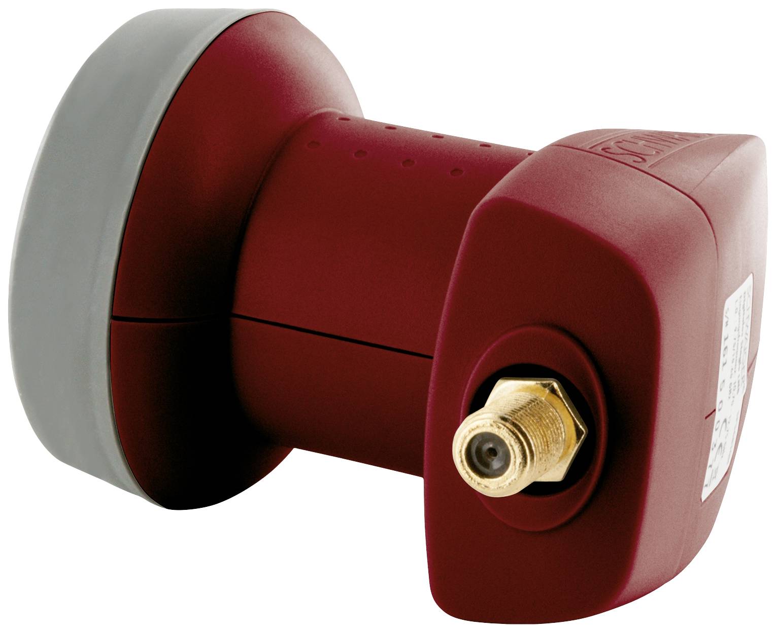Ein rot-graues, einzelnes LNB für Satellitenschüsseln, zeigt den Anschlussbereich mit einem koaxialen Stecker.