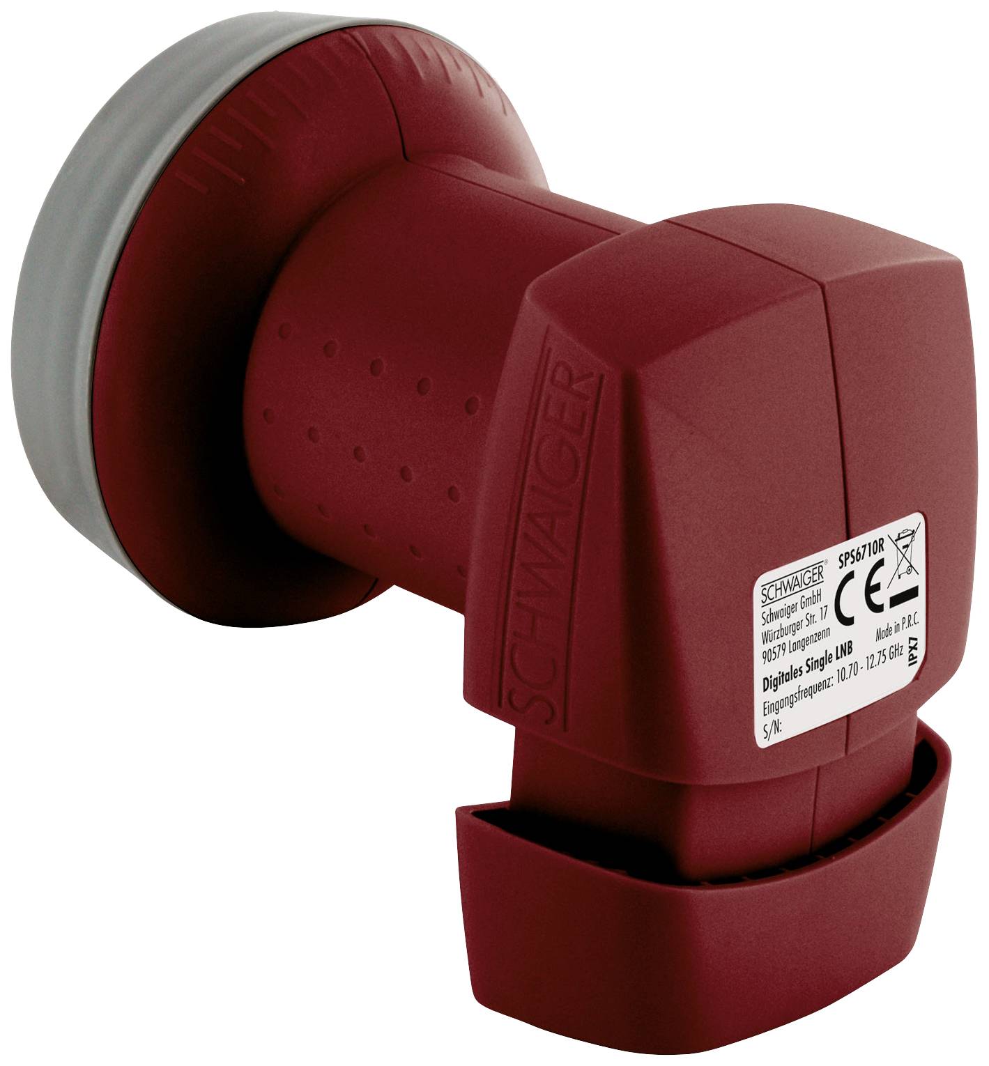 Rotes LNB-Gerät für Satellitenempfang mit abgerundetem Design und Etikett mit technischen Spezifikationen.