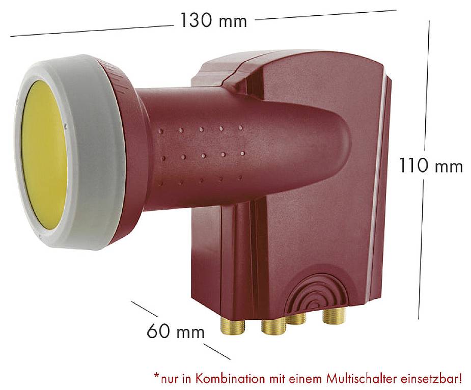 Ein rotes LNB mit Maßen 130 mm x 110 mm x 60 mm. Text unten erklärt, dass es nur mit einem Multischalter verwendet werden kann.