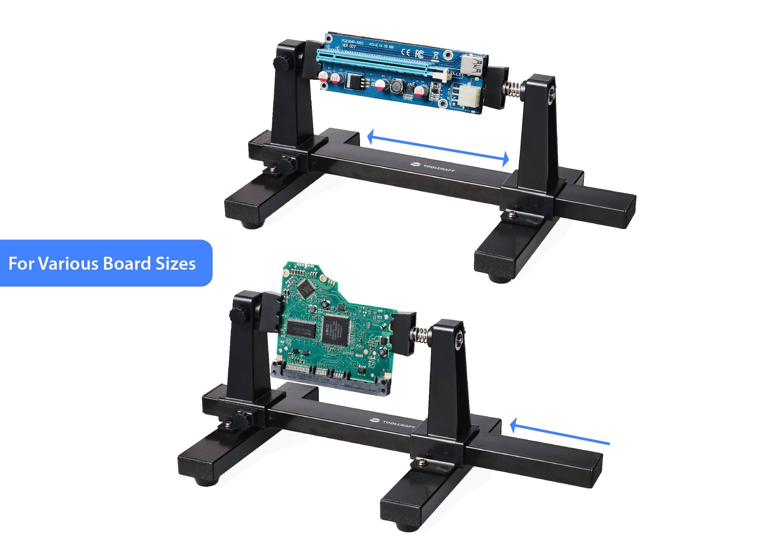 Ein verstellbarer Halter zeigt zwei von ihm unterstützte Leiterplattengrößen. Pfeile verdeutlichen Anpassungsmöglichkeiten.