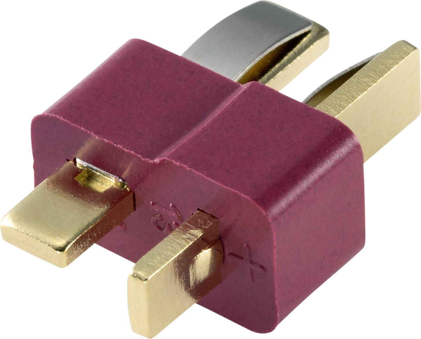 Ein roter T-Stecker mit zwei goldenen Metallkontakten. Der Stecker ist in 45-Grad-Perspektive gezeigt.