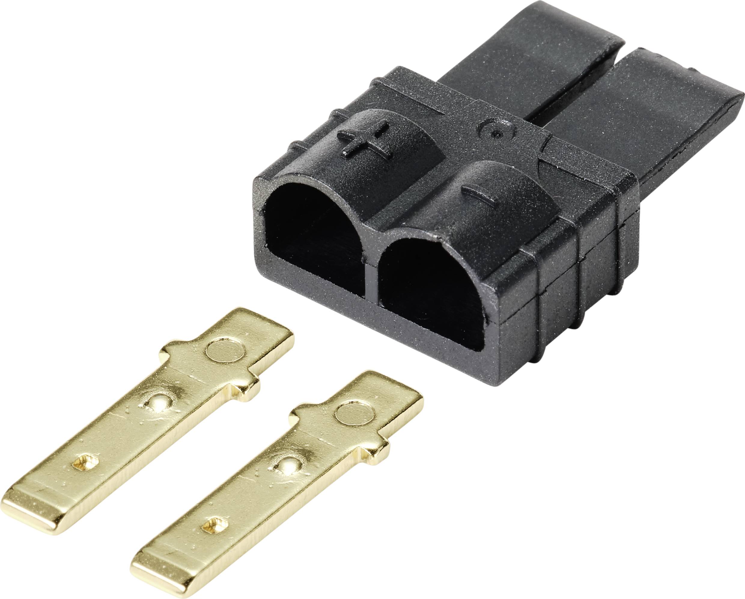 Schwarzer Kunststoff-Stecker für zwei Kontakte mit zwei goldfarbenen Metallstiften daneben, auf weißem Hintergrund.