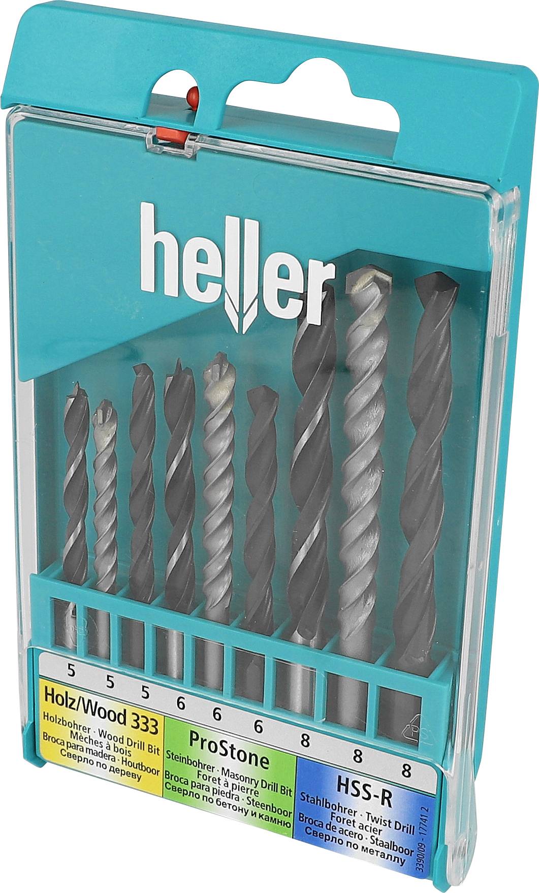 Turquoise Bohrsatz-Paket mit der Bezeichnung "heller" mit mehreren sichtbaren Mauerwerk- und Holzbohrern in einem durchsichtigen Frontkasten.