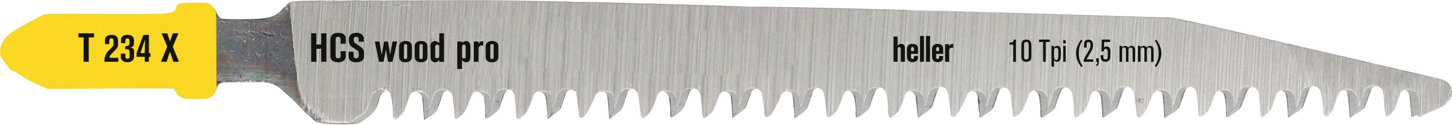 Ein Sägeblatt für die Holzbearbeitung mit der Bezeichnung HCS wood pro, Modell T 234 X, 10 Tpi (2,5 mm), mit einem gelben Etikett am linken Ende.