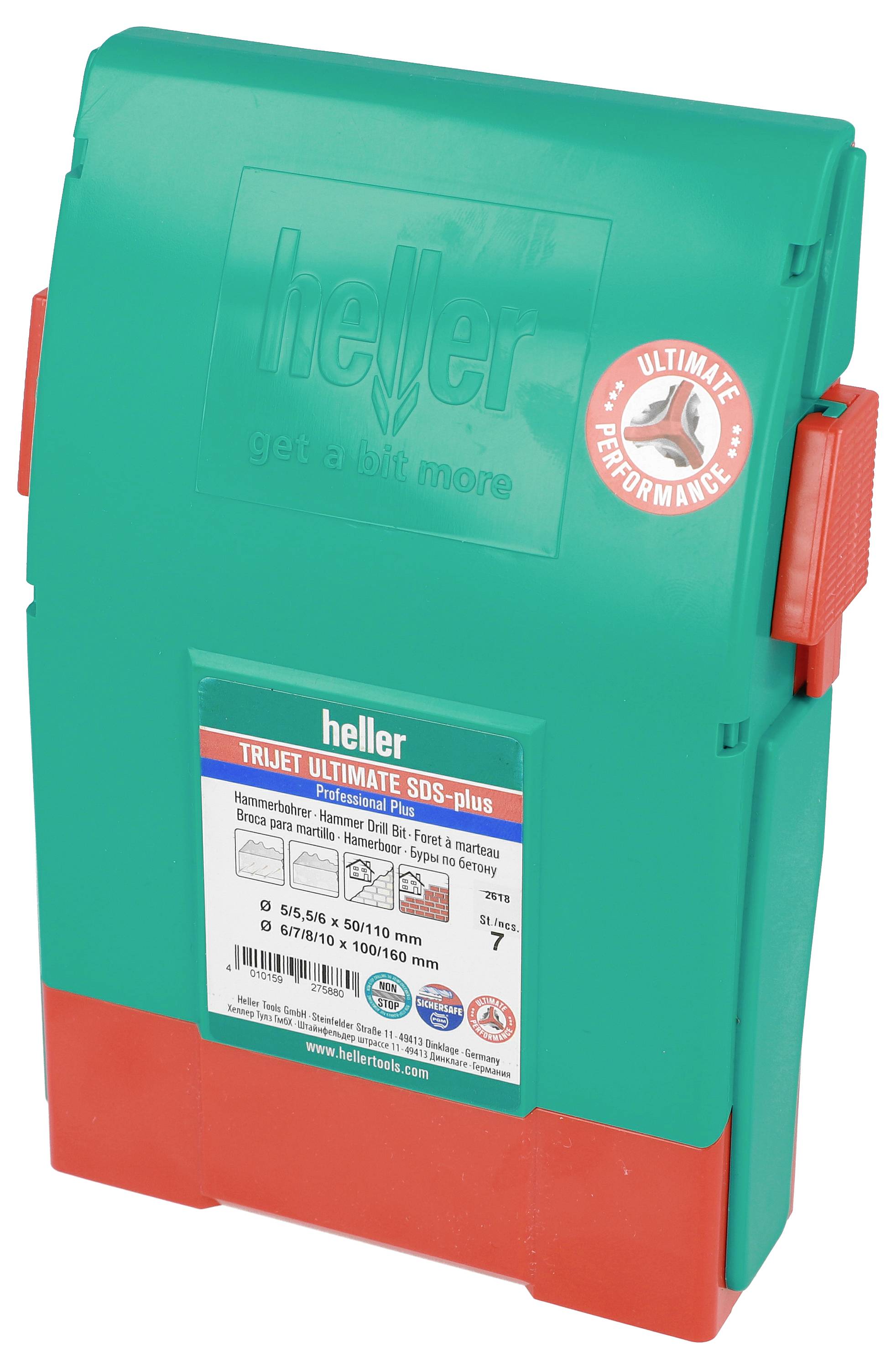 Grüner und orangefarbener Heller Trijet Ultimate SDS-plus Bohrmeißel-Aufbewahrungskoffer mit Produktetikett auf der Vorderseite.