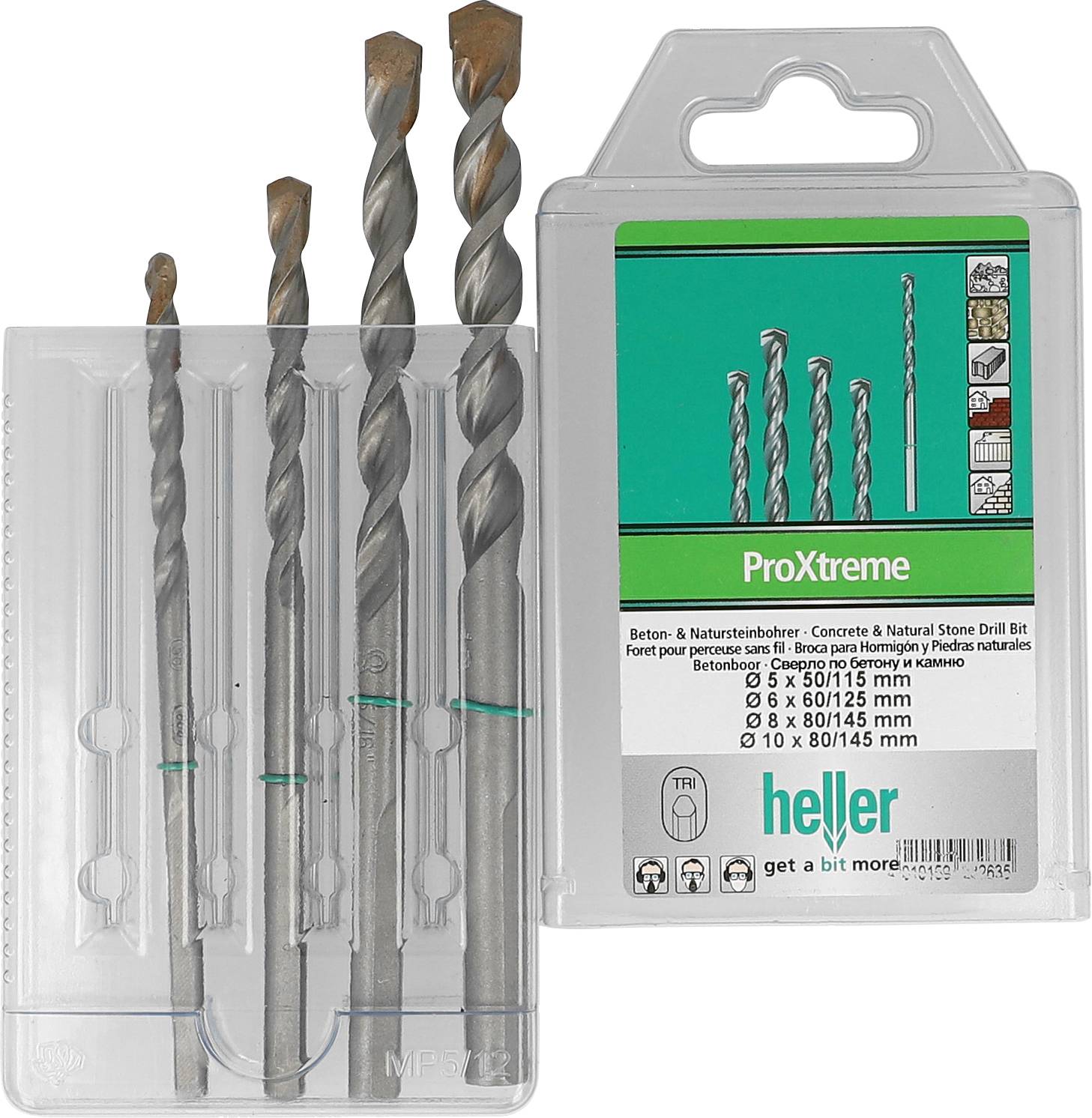 HELLER Hartmetall Beton-Spiralbohrer-Set 4teilig 5 mm, 6 mm, 8 mm, 10 mm Heller ProXtreme 28263 5 D