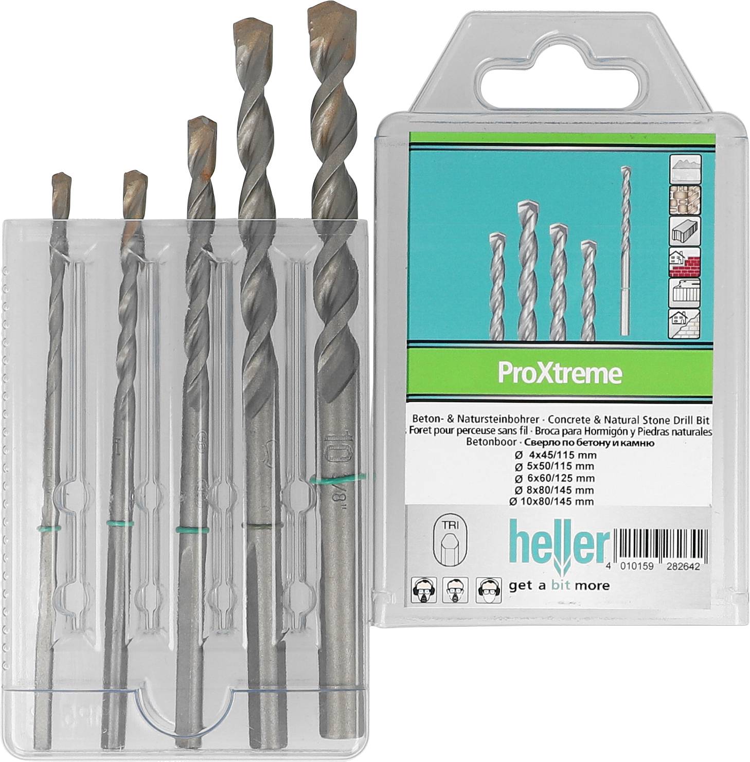 Ein Set von fünf Betonbohrern der Marke Heller ProXtreme in verschiedenen Größen, verpackt in transparenter Kunststoffbox.