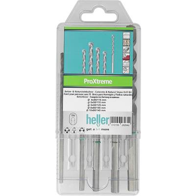 Kunststoffgehäuse mit Heller ProXtreme Beton- und Natursteinbohrern, mit mehreren sichtbaren Mauerwerksbohrern und Produktetikett auf der Vorderseite.