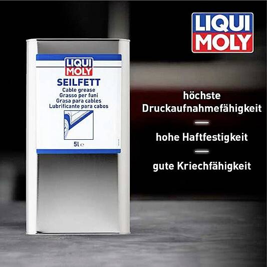 Behälter mit 'Liqui Moly Seilfett' sitzt vor einem unscharfen Hintergrund. Text rechts: 'höchste Druckaufnahmefähigkeit – hohe Haftfestigkeit – gute Kriechfähigkeit'.
