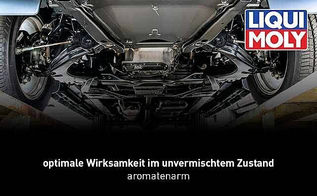 Ansicht eines Fahrzeugunterbodens mit dem Text 'optimale Wirksamkeit im unvermischtem Zustand, aromatenarm' und Liqui Moly-Logo.