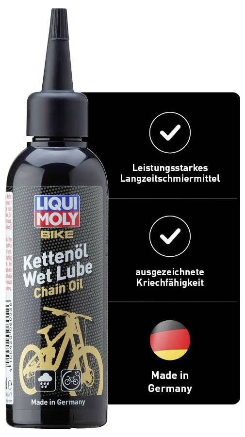'Liqui Moly Bike Kettenöl Wet Lube' Flasche mit Grafik: 'Leistungsstarkes Langzeitschmiermittel', 'ausgezeichnete Kriechfähigkeit', 'Made in Germany'.