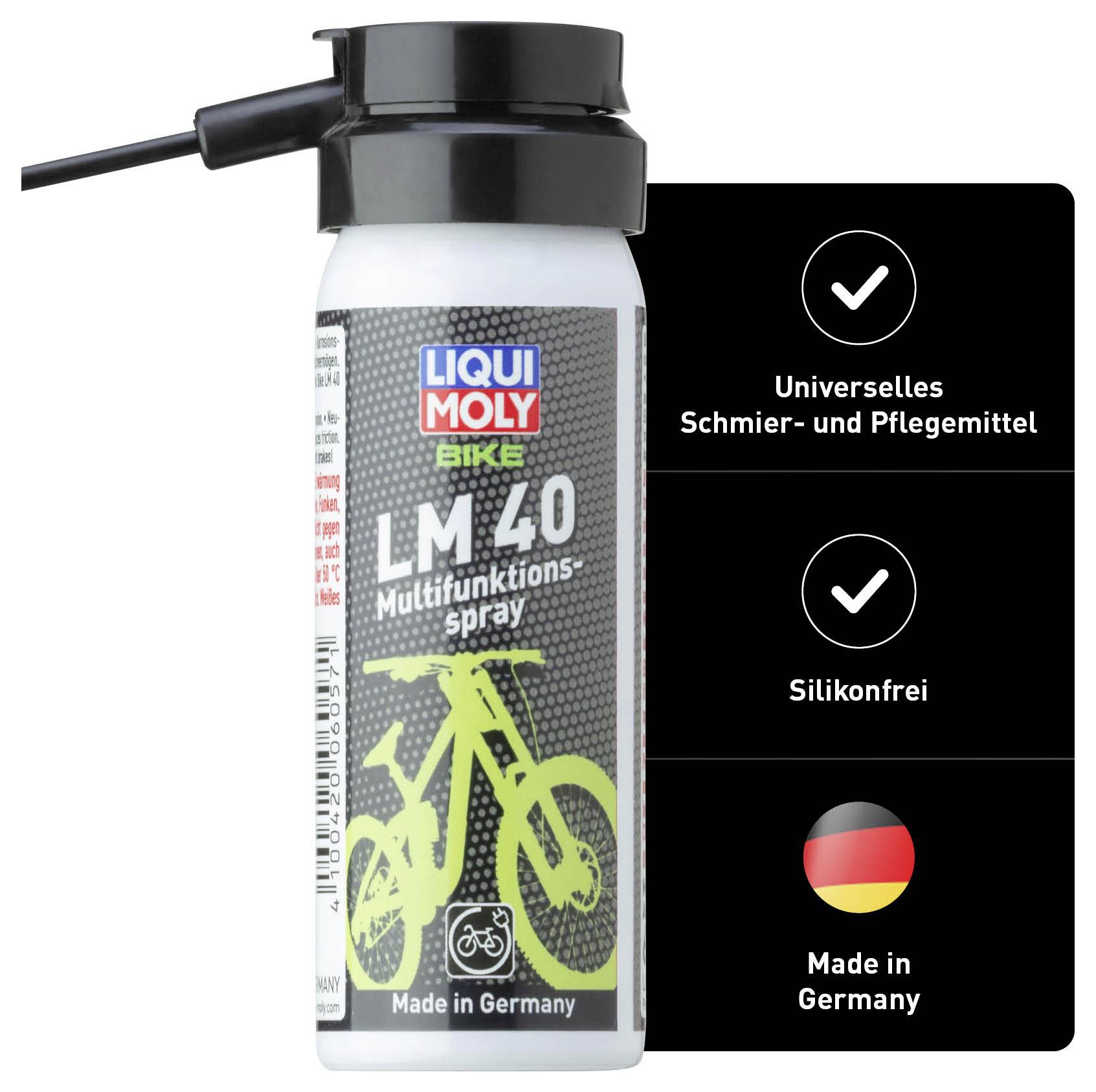 Mehrzweckspray 'LM 40' von Liqui Moly für Fahrräder. Universelles Schmier- und Pflegemittel, silikonfrei, hergestellt in Deutschland.