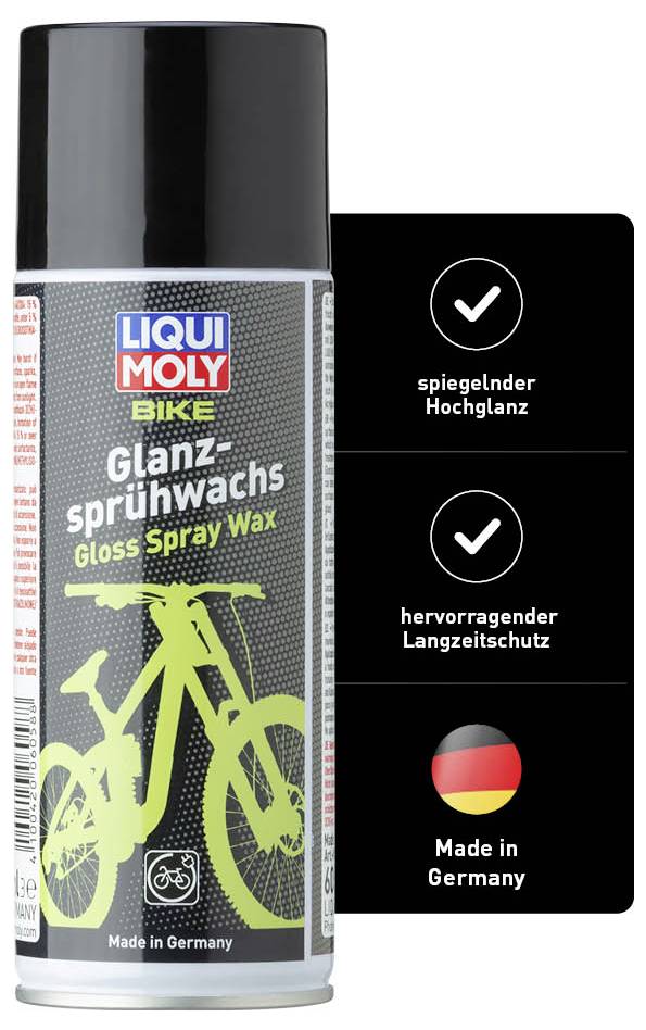 Dose mit Fahrradpflegespray 'Glanz-Sprühwachs'. Verspricht spiegelnden Hochglanz und hervorragenden Langzeitschutz. Made in Germany.