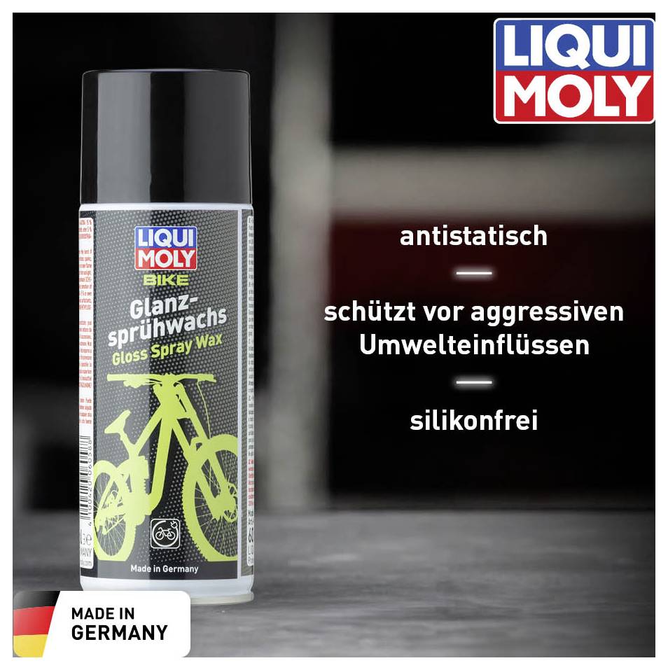 'LIQUI MOLY Glanzsprühwachs' Spraydose mit Fahrradabbildung. Beschriftung: 'antistatisch, schützt vor aggressiven Umwelteinflüssen, silikonfrei.' 