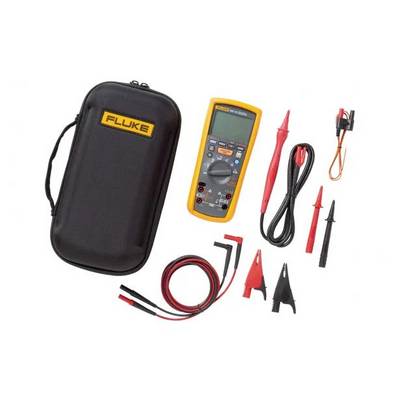 Digital-Multimeter-Set mit gelbem Gerät, schwarzen und roten Kabeln, zwei Sonden und schwarzer Tasche mit gelbem Logo 'Fluke'.