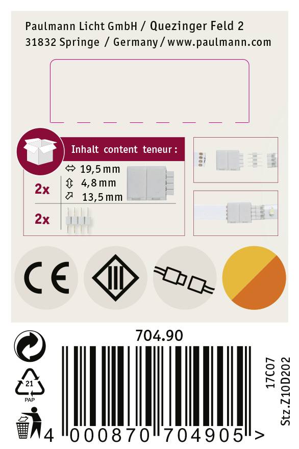 'Paulmann Licht GmbH' Adresse, Produktmaße 19,5mm, 4,8mm, 13,5mm, 704.90, CE-Zeichen und Recycling-Symbole.